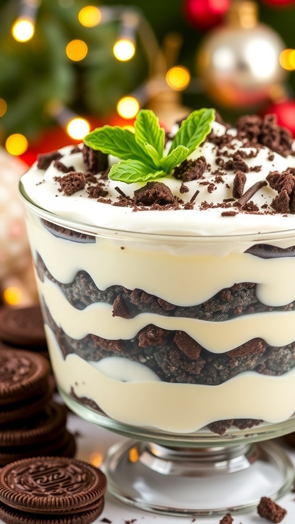A colorful Oreo Christmas trifle with layers of cookies, pudding, and whipped cream, garnished with chocolate and mint.
